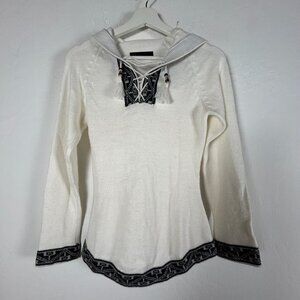 Womens Alpaca Hooded Sweater White Inca Pattern Knit Lace-Up Tassel Pullover